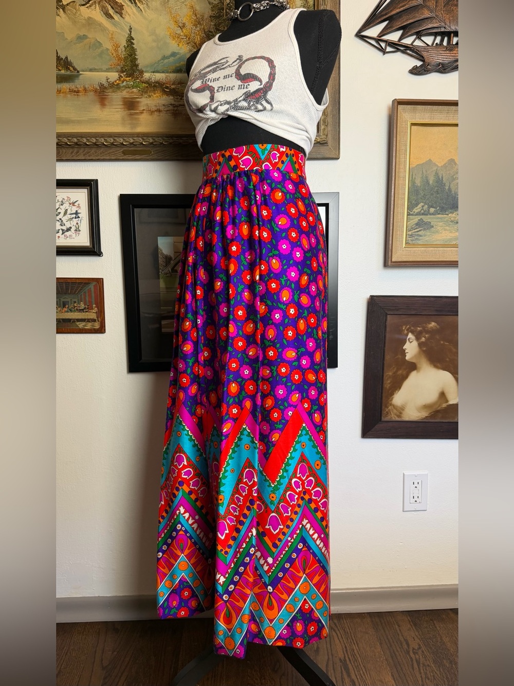 Vintage 1960s/70s Alex Colman California Mod Print Maxi Skirt XS 24" Waist - Picture 8 of 15
